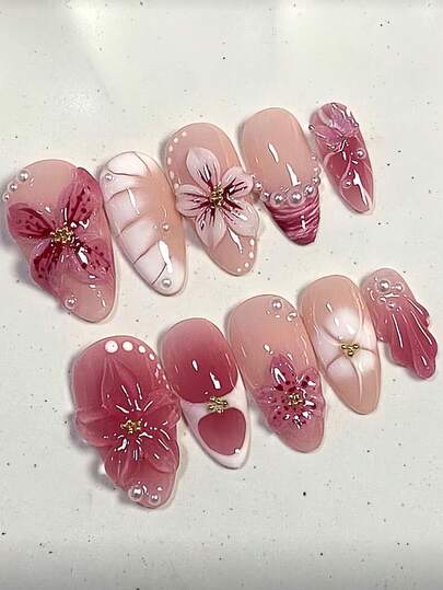 Y2K Floral Acrylic Nail Art 10pcs/Set French Medium Almond Shaped Press-On Nails DIY 3D Holographic Fake Nails With White Pearls & Butterfly Decor, Suitable For Nail Salon, Girls, Women, Daily Wear, Holidays, Parties, Gifts