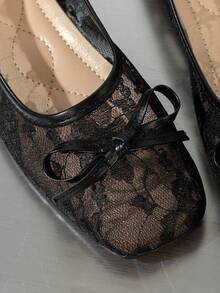 Black Lace Rose Mary Jane Shoes, Square Toe Pearl Buckle Flat Shoes, Breathable Commuter Shoes For Summer - Black - View 6