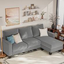 L-Shaped Convertible Sectional Sofa 3 Seater With Corduroy Fabric, Complete With Mobile Footrest, For Living Room, Apartment And Office - Xám - Xem 8