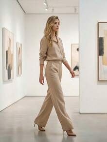 Linen Set With Three-Quarter Sleeves And High-Waisted Pants With Elastic Waistband | Lightweight Fabric - 卡其色 - 查看 2