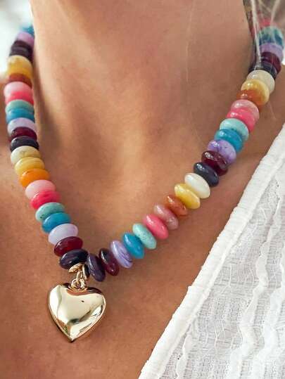 1件装彩色串珠项链，女士独特树脂珠颈链，波西米亚风夸张粗链项链，夏季度假饰品