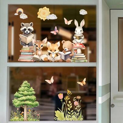 Reading Woodland Animals Window Sticker, Cute Raccoon Rabbit Book Static Cling For Kids Bedroom Nursery Decor