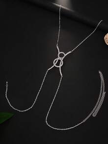 1pc Silver Sexy Crystal Double Circle X Body Chain Necklace, Women Summer Beach Bikini Body Jewelry - Silver - View 4