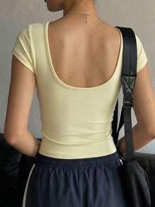 Women's Summer Casual Lightweight Cropped Hollow-Out Backless T-Shirt, Suitable For Street Style, Gym, Ballet Practice, Soft Yellow - Light Yellow - View 3