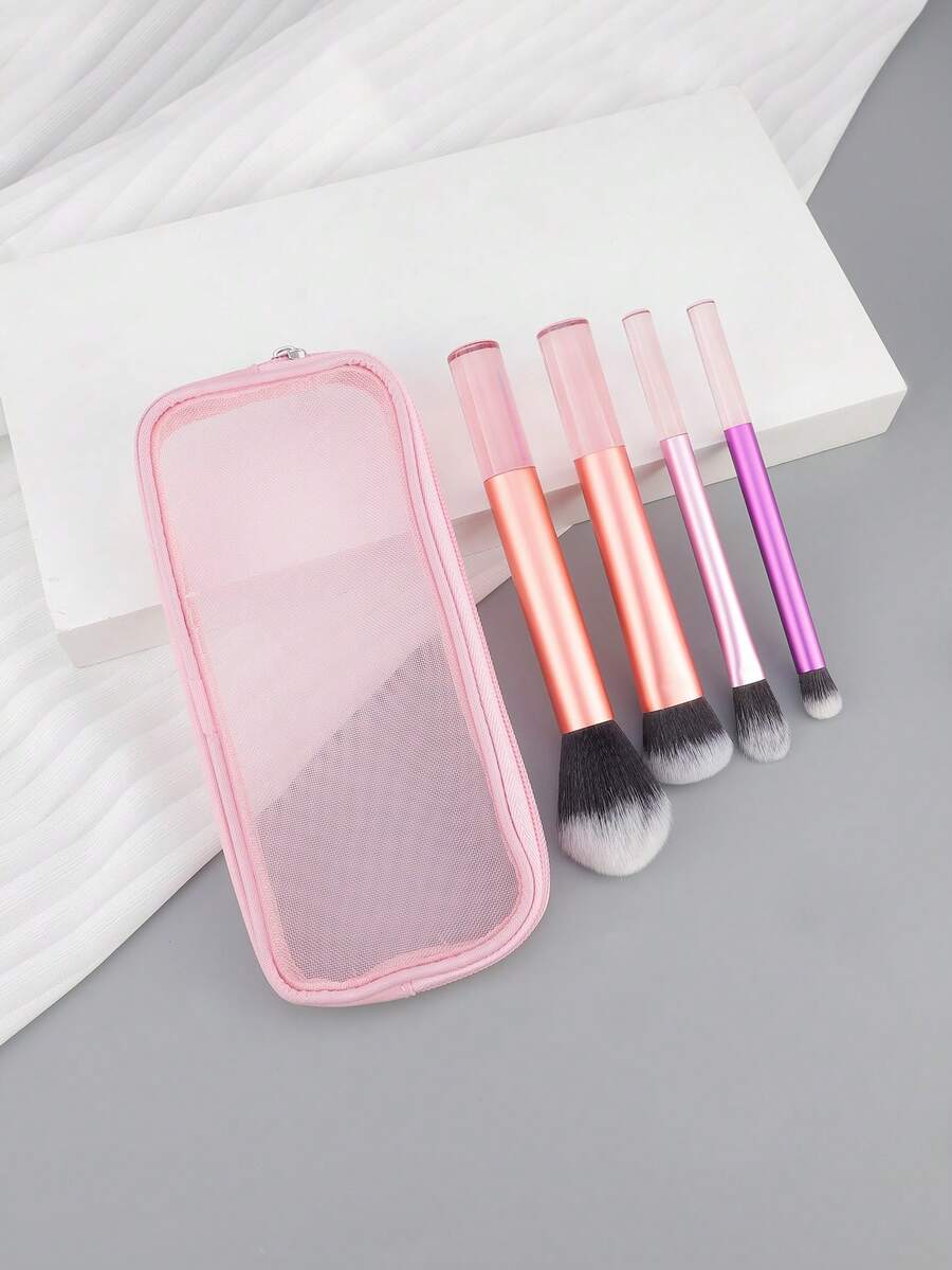 4pcs Long Handle Makeup Brush Set With Powder Foundation Blush Eye Shadow Brushes, Includes Pink Storage Pouch - Multicolor - View 1