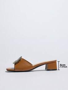 Women's Square Toe Chunky Heel Mule Sandals, Summer Breathable Slip-On Clogs, Party & Casual Wear, Open Toe Elegant Comfortable High Heel Sandals, Buckle Rhinestone Brown Beach Shoes - Brown - View 4