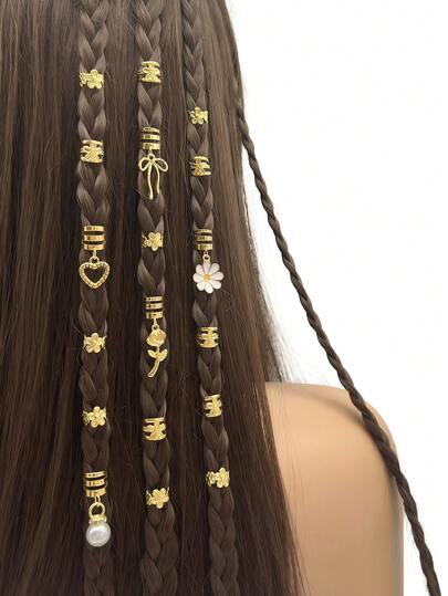 35 chiếc dây buộc tóc bằng hợp kim hình trái tim rỗng, nơ, hoa hồng, hoa cúc, ngọc trai thanh lịch - Phụ kiện tóc kiểu công chúa lãng mạn có thể điều chỉnh cho phụ nữ để tết tóc và buộc tóc đuôi ngựa.