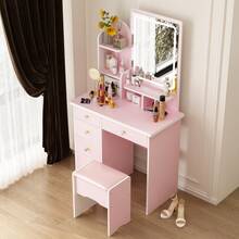 Makeup Vanity Set With Intelligent Touch LED Lighted Mirror, 5 Drawers, 4 Storage Shelves, And Cushioned Stool – Modern Dressing Table With Upgraded Crystal Handles And Smooth Drawer Slides - Pink-with light - 查看 5