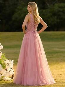 Mesh Patchwork Sequin Formal Evening Bridesmaid Dress Wedding Spring - Blush - View 2
