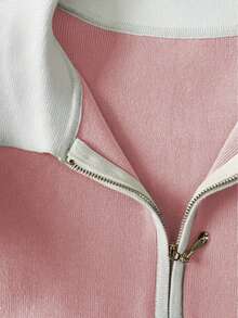 2026 Nuevo Conjunto elegante de oficina para mujer, suéter de punto minimalista y de alta gama, diseño de bolsillo con cremallera de contraste de media cremallera, ropa urbana para damas, versátil blusa de manga corta de punto simple, ropa casual de verano para exteriores - Rosa - Ver 3