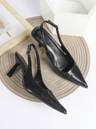Giày cao gót nữ màu đen, mũi nhọn, kiểu dáng slip-on, thích hợp cho tiệc cưới, cao 7cm.