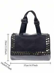 女士时尚Y2K网眼单肩包，大容量拼接铆钉复古斜挎包，多口袋都市街头风手提包，适合日常使用，是送礼佳品。新款女士手提包，女士礼物。 - 銀色 - 查看 3