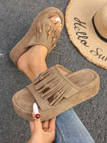2026 New Fairy Style Thick Sole Beach Slippers, Fashionable One-Strap Slides For Pregnant Women To Wear With Dresses In Summer - Khaki - View 9