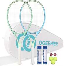 OGEENIER 27 Zoll 2 Player Tennisschläger Racket Set für Erwachsene Tennisschläger Damen Herren, für Anfänger mit 2 Griffband und 3 Bällen und 2 Tennis-Vibrationsdämpfer 1 Tennis Tasche QQDP - grün+blau - Übersicht 1