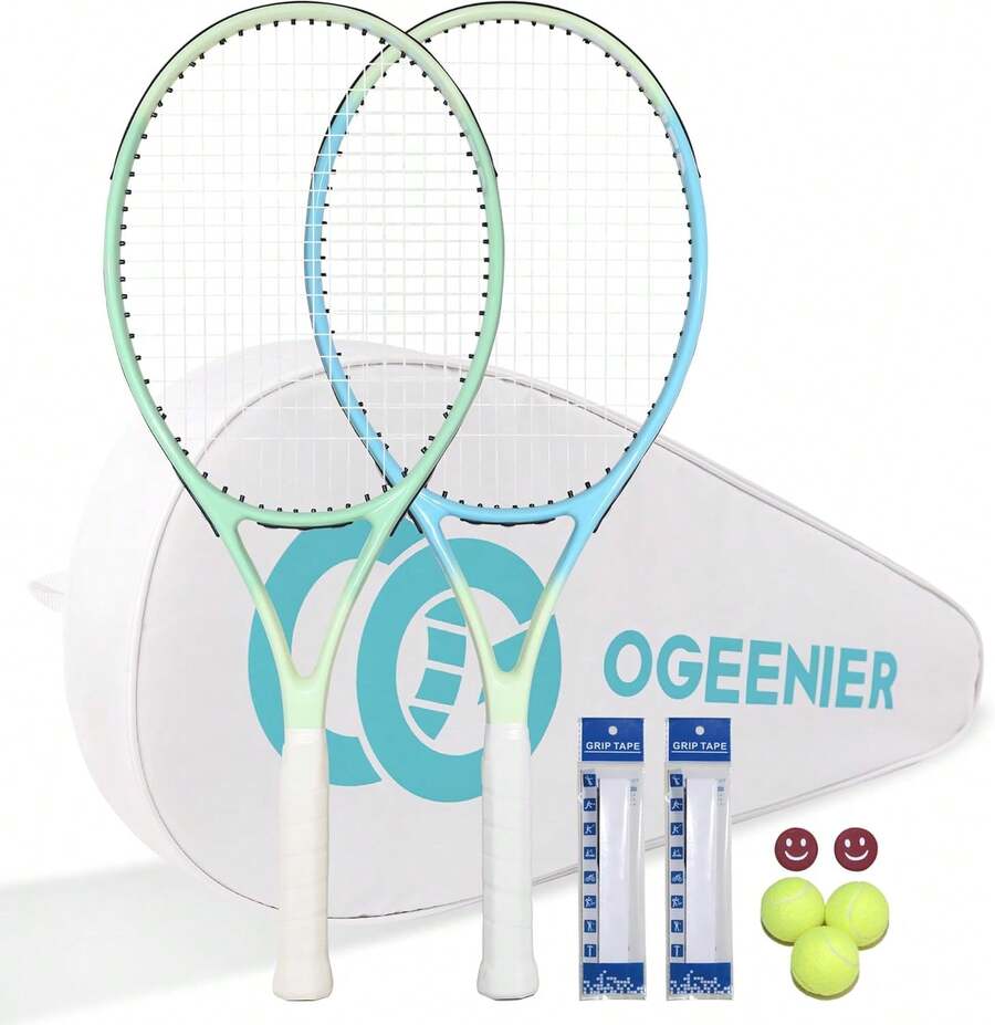 OGEENIER 27 Zoll 2 Player Tennisschläger Racket Set für Erwachsene Tennisschläger Damen Herren, für Anfänger mit 2 Griffband und 3 Bällen und 2 Tennis-Vibrationsdämpfer 1 Tennis Tasche QQDP - grün+blau - Übersicht 1