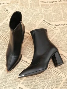 Botas de tobillo de tacón grueso con punta puntiaguda, negro, nueva moda otoño/invierno 2025. Botas de tobillo de ajuste delgado con cremallera lateral, estilo francés de alta gama, versátil y elegante. - Negro - Ver 5