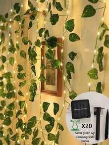 100/50/20 LED Guirlande lumineuse solaire à lierre vert avec crochets d'escalade, lumières de lierre pour chambre, guirlandes de fées, 8 modes d'éclairage pour différentes expériences de rêve, souples et pliables dans n'importe quelle forme. Convient pour la décoration intérieure, la clôture d'intimité, le mur, le patio, le jardin, la décoration de balcon, la décoration murale de chambre, la rénovation de chambre d'étudiant - Pothos solaire + crochet - Voir 2