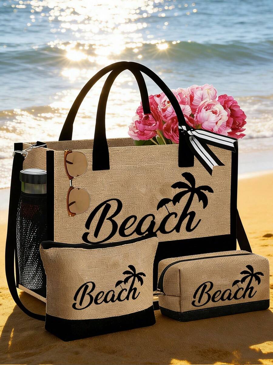 这款沙滩主题手提包套装印有“Beach”字样和棕榈树图案。这款时尚可折叠沙滩包适合游泳和海滩旅行。它还可以用作女士单肩包、购物袋或多功能收纳袋。时尚通勤手提包 - 彩色 - 查看 1