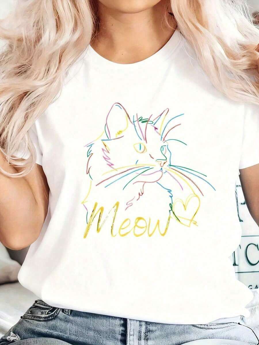 Women's Plus Size Casual T-Shirt With Colorful Cat Graphic - Short , Round Neck, Knit, Perfect For All Seasons, Casual WearFun Fashion TeeVibrant Print - trắng - Xem 1