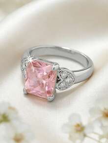 1枚高品质优雅长方形合成立方氧化锆四爪镶嵌女士结婚戒指 - 完美珠宝礼物 - 周年纪念、订婚、结婚戒指 - 圣诞节、情人节礼物 - 粉色 - 查看 2