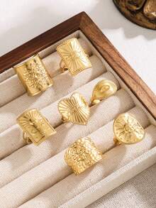 11pcs/7pcs/4pcs/1pc Stainless Steel Exaggerated Open Ring, Sunflower Multi-Element Various Designs, 18K Gold Plated, High-End Rings For Daily Wear And Holiday Gifts - Yellow Gold - View 12