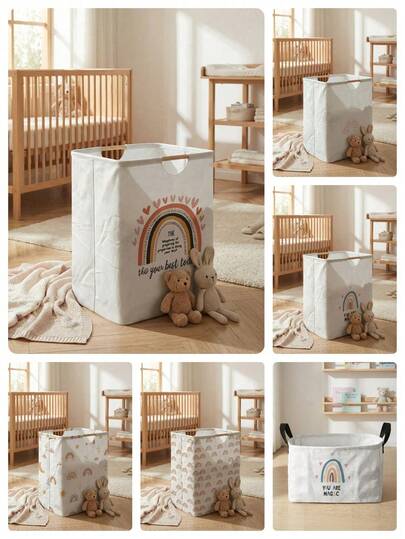 Rainbow Pattern Foldable Large Capacity Laundry Basket With Wooden Handles, Multipurpose For Bathroom, Nursery, Dirty Clothes, Toys & Household Storage