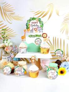 107 piezas/50 piezas/6 piezas/1 pieza - Decoraciones para cupcakes con tema de selva salvaje, tarjetas de agradecimiento con tema animal, etiquetas de regalo de papel "Feliz cumpleaños", decoraciones para pasteles; adecuado para decoraciones de fiesta con tema de selva salvaje, fiesta de baby shower y fiesta de cumpleaños - Multicolor - Ver 11