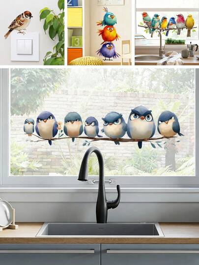 BRUP 1Pc Cute Cartoon Birds Wall Stickers, Removable Vinyl Decals For Kids Room, Bedroom, Nursery, Peel And Stick,DIY Home Decor Window Stickers