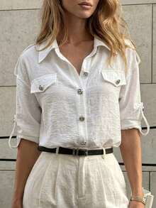 Áo blouse nữ trắng phong cách casual chic, chất liệu vân nổi, cài nút, tay dài, mặc layer cho mùa tiền thu, đi học, đi làm văn phòng và mặc hàng ngày - trắng - Xem 6