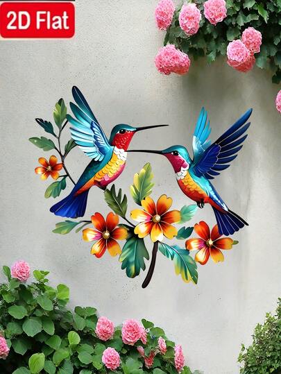 2D Flat, 1-Piece, Charming Metallic Outdoor Wall Decoration With Hummingbirds And Flowers - Perfect For Outdoor Garden Decor, Indoor/Outdoor Patios And Balconies - A Unique Iron Mural, An Elegant Hanging Decoration, And An Ideal Gift For Nature Lovers Who Appreciate Aesthetic Decoration, Perfect For Spring And Summer.
