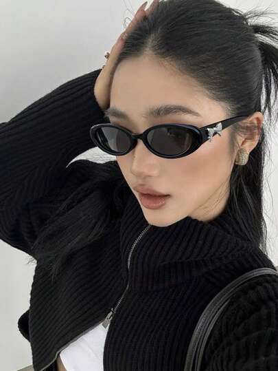 Kính thời trang nữ màu đen hình bầu dục có nơ, được làm từ chất liệu PC cao cấp, kiểu dáng Y2K, phụ kiện du lịch, kỳ nghỉ, lựa chọn theo mùa, kính thời trang, phù hợp cho các buổi tiệc, mùa hè, mùa tựu trường, tiệc bãi biển, phong cách đường phố, chụp ảnh tự sướng, kỳ nghỉ.