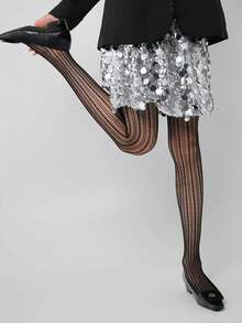 Slimming Striped Pantyhose, Women Fishnet Leggings, Lace Hollow Out Mesh Stockings, High Elasticity Skinny Leggings - Black - View 3