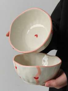 Cabin Kangaroo 1pc/2pcs/4pcs Set Asymmetrical Ceramic Bowl Set | 3D Heart Print Rustic Style Ceramic Bowl | Cute Pink Rim Snack/Salad Bowl, Suitable For Tabletop Decor And Daily Use - Multicolor - View 13