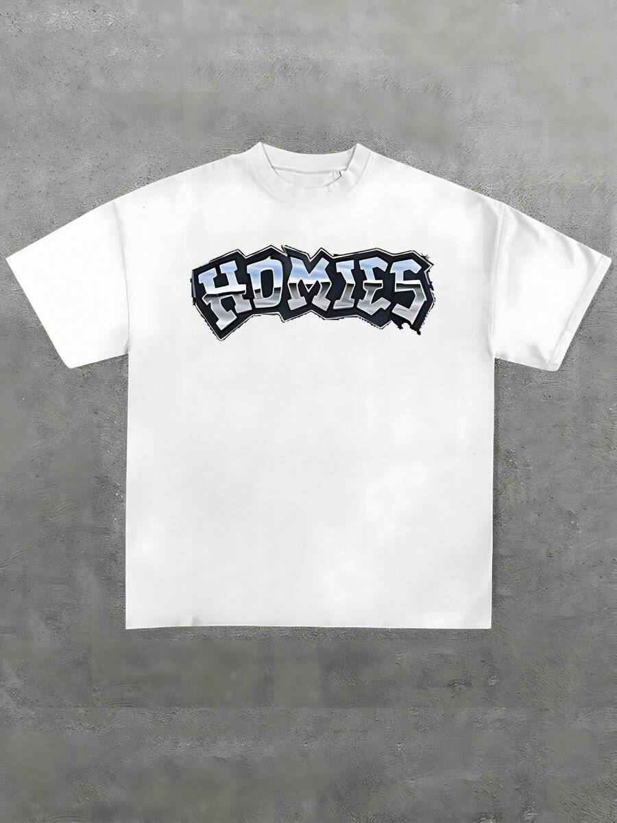 Plus Size Summer Homies Graffiti Print T Shirt Street Style 1pcs 100% Cotton Casual T Shirt Men's Graphic Tee Urban Crew Neck Short Sleeve 220g T Shirt For Going Out Gift Unisex - 白色 - 查看 1