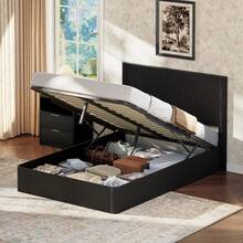 Modern Bed With Grooved Design And Hydraulic Lift System – Large Storage Space, Stable Solid Wood Slats, Easy-Care Surface – 140 X 200 Cm – Black - Black + 140cm*200cm - View 12