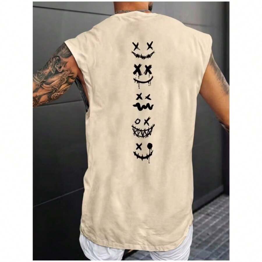 Oversized Tank Top Men's Workout Shirt For Gym/Fitness, Premium Cotton, Bodybuilding, Street Style Print - Beige - View 1