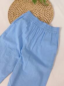 Linen Set With Three-Quarter Sleeves And High-Waisted Pants With Elastic Waistband | Lightweight Fabric - 淺藍色 - 查看 9