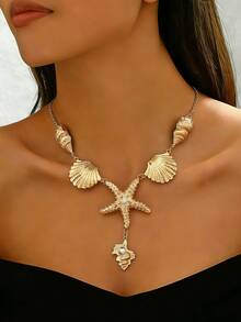 1pc Luxury Beachy Goldtone Alloy Starfish, Shell, Faux Pearl Y-Necklace, Elegant Jewelry For Beach Party, Vacation, Commute - Yellow Gold - View 5