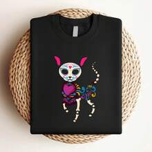 Women's T-Shirt Print Sugar Skull T Shirt Mexican Cat Day Of Dead Dia De Los Muertos Long Or Short Sleeves - 黑色 - 查看 3