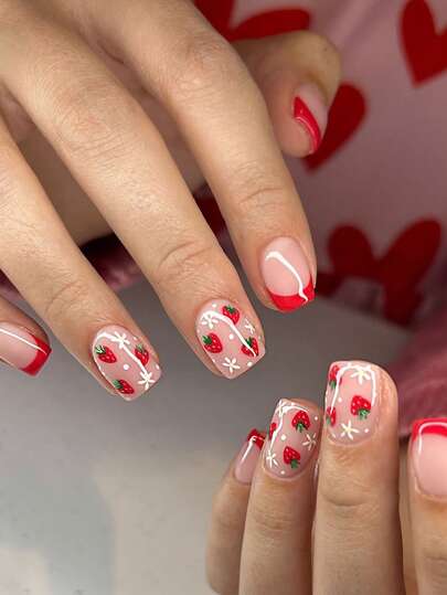 24pcs Short Press On Nail Art Patches, Upgrade Your Look! Modern And Fashionable Red French Nails, Paired With Strawberry Flower Patterns, Sweet And Cute, Simple Daily Short Square Fake Nails, Suitable For Women's Daily Wear, Spring And Summer Nail Products. Make Your Nails More Delicate