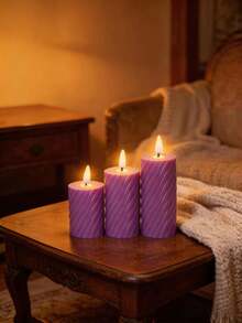 Plastic Beige Gear Striped Electronic Flameless Candle Set, Modern Flameless LED Party Candles, Faux Stone Wax Material Home Decor Candle Accessories - Multicolor - View 10