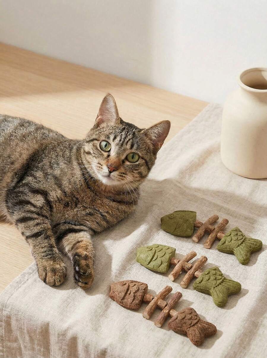 PETSIN Đồ chơi làm sạch răng tự nhiên cho mèo, Chăm sóc sức khỏe răng miệng cho mèo, Đồ chơi làm sạch răng bằng xương cá tự nhiên cho mèo, Đồ chơi tương tác giúp mèo con mọc răng, Đồ chơi que gặm cho mèo cưng, Làm sạch răng cho mèo, Đồ chơi tương tác trong nhà cho mèo