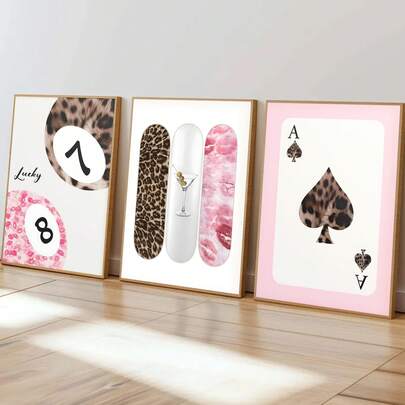 1 pieza Póster de arte de pared con estampado de leopardo rosa, bola de la suerte, estampado de labios, arte de moda y lujo para sala de estar, dormitorio de niñas, decoración del hogar, con o sin marco