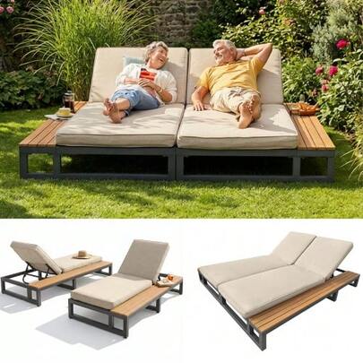 Outdoor Daybed, Outdoor Lounge Chair, Waterproof Multifunctional Sofa Bed, Double Lounge Chair With Shelves, Patio Sun Lounger, Reclining Backrest, Beige, Double Daybed