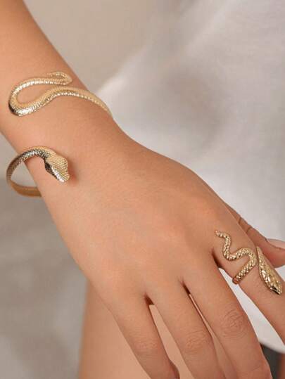 1 Set Fashionable Gold Snake Shaped Ring & Bracelet Set, Suitable For Women's Daily Wear And Parties