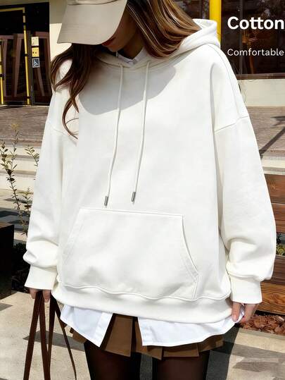 Damen Baumwolle Weiß Loose Fit Pullover Hoodie, Basic Casual Weich Atmungsaktiv Drop Shoulder Langarm Top, Frühling/Sommer