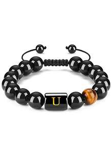 Vòng tay nam bằng đá mã não đen mắt hổ, kiểu bện, mặt dây chuyền 26 chữ cái, trang sức khắc tên riêng, quà tặng sinh nhật. - Nhiều màu - Xem 36