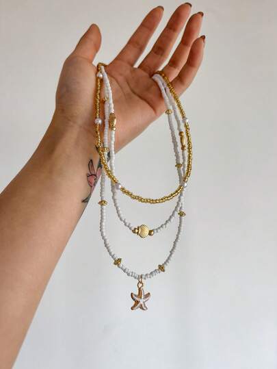 3件套海星贝壳项链，手工简约风格女式首饰，适合日常佩戴和海滩度假