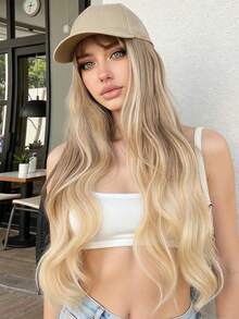 26 Inch Baseball Cap With Integrated Curly Wavy Synthetic Hair, Adjustable Beige Cap With Golden Hair, For Women - Gold - View 4