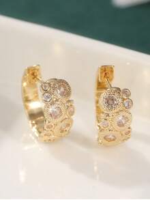 Brincos Minimalistas e da Moda, Incrustados com Decoração de Zircônia Artificial em Formato de Bolha, Jóia Artesanal Requintada Adequada para Eventos Sociais e Reuniões de Mulheres, Também um Presente Ideal para Mulheres. - Dourado - Visão 2